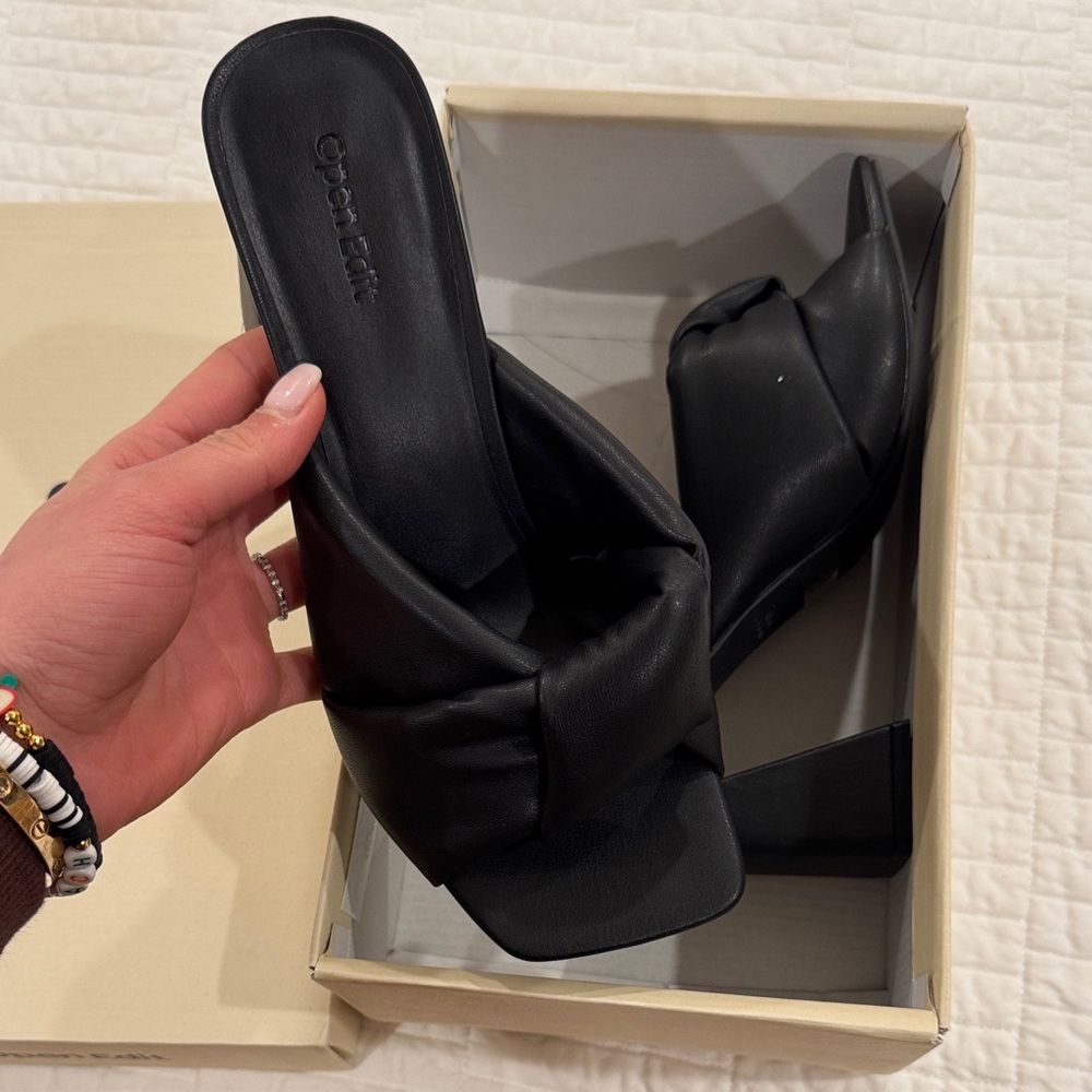 Open Edit Black Leather Mules